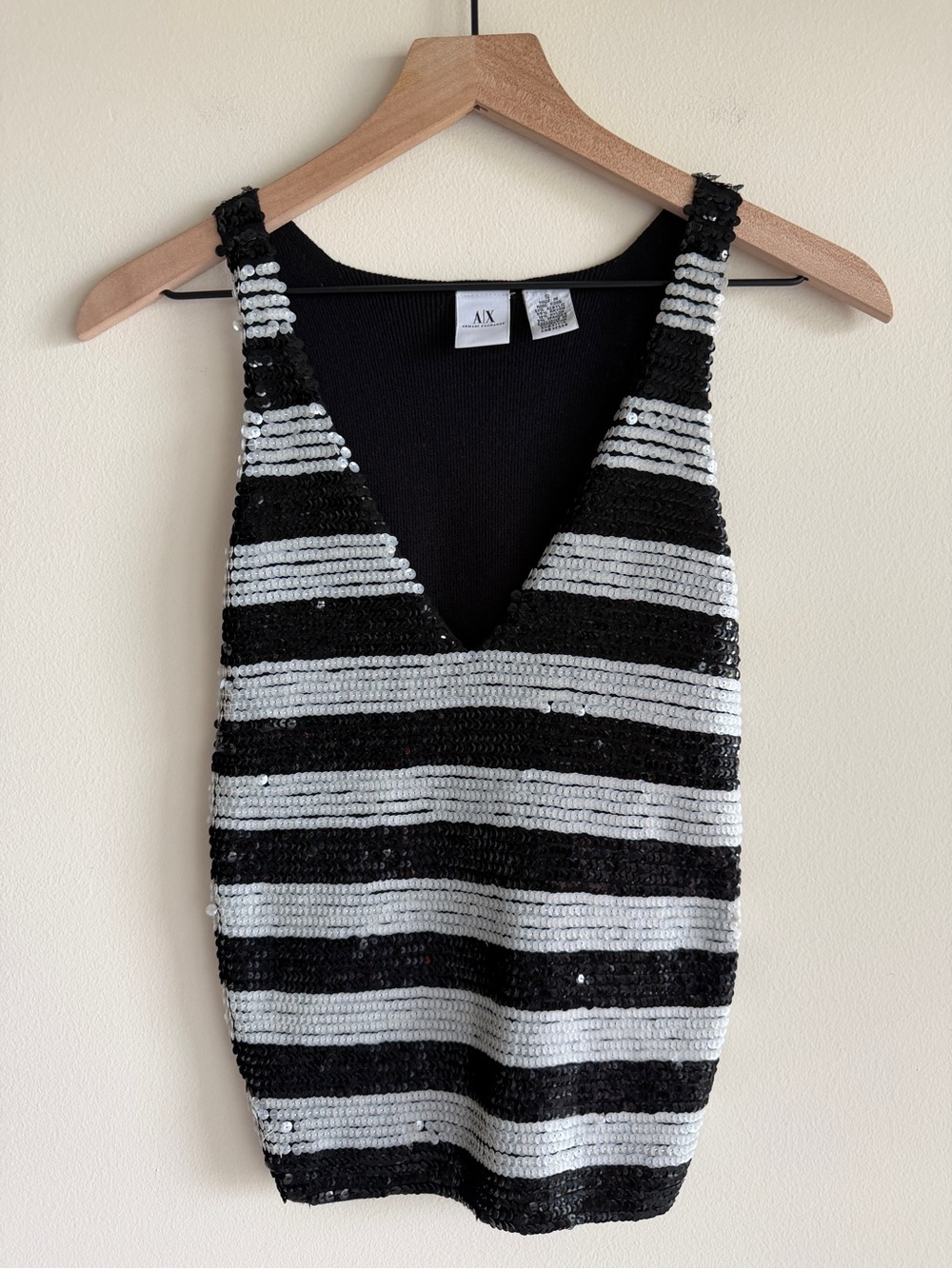 Armani Exchange A|X Sequin Striped Tank Top XS S Black White Y2K Party Vintage